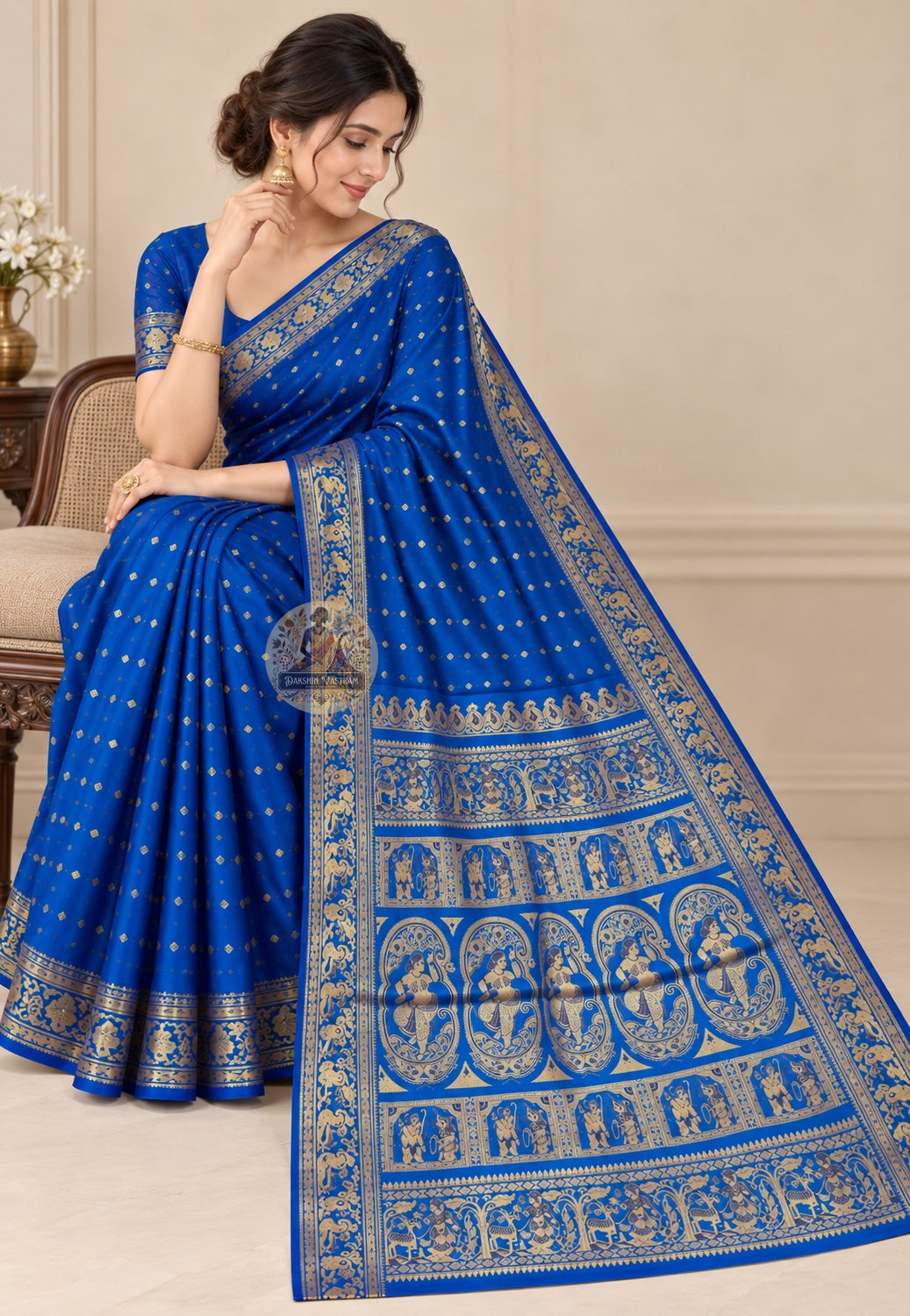 Front view of blue Swarnachari silk saree showing deep indigo pure silk body with golden zari Bishnupur temple art and royal court motifs woven directly in Bengali handloom tradition