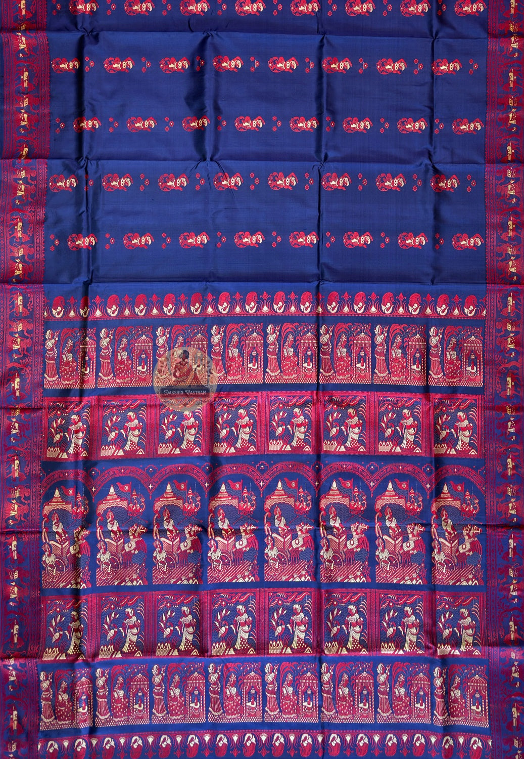 Close-up of blouse piece of Baluchari Silk Saree featuring hand-woven geometric border patterns inspired by Bishnupur terracotta temples in fine pure Bengal silk by Dakshin Vastram
