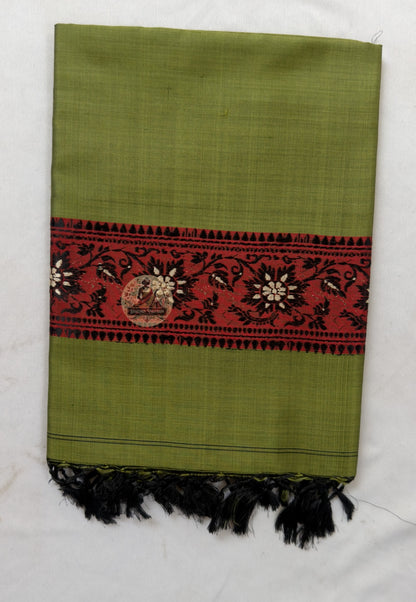Close-up of terminal panel of Bishnupur Baluchari silk festive drape stole showing elaborate Bankura weaver narrative motif detail in fine pure silk