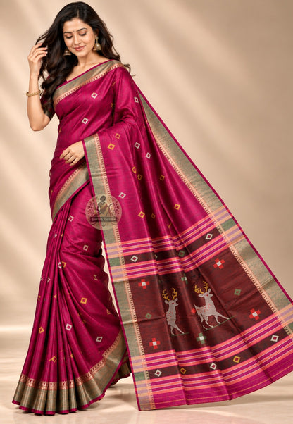 Front view of Bishnupur Katan silk wedding saree showing smooth structured pure silk body with heritage Bengal motifs for Indian wedding receptions and sangeet occasions