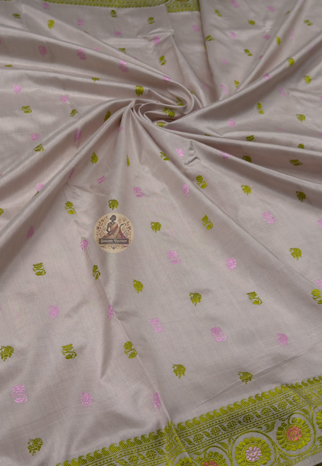 Close-up of conch shell procession border woven into pallu of authentic Bishnupur Baluchari Silk Saree Bengal handloom