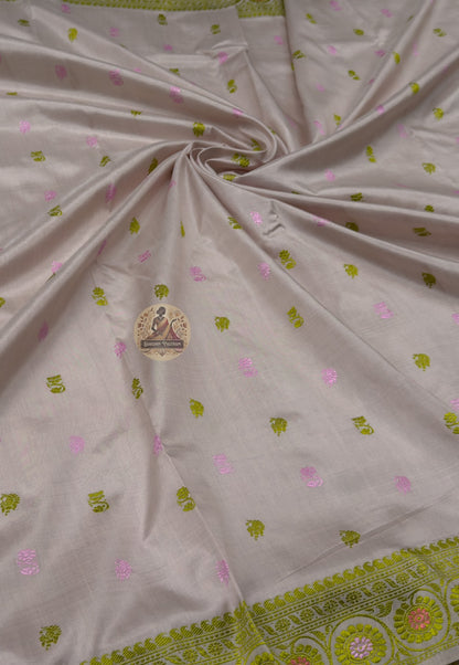 Close-up of conch shell procession border woven into pallu of authentic Bishnupur Baluchari Silk Saree Bengal handloom