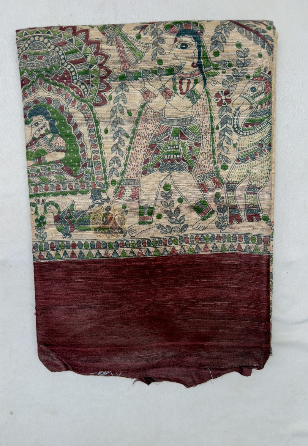 Close up of the figurative pallu featuring rows of figures within arched panels and ornamental bands