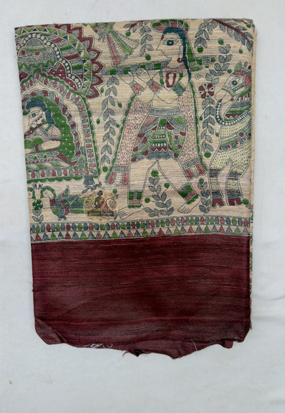 Close up of the figurative pallu featuring rows of figures within arched panels and ornamental bands