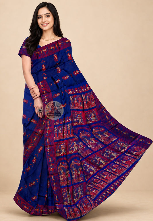 Front view of handwoven Baluchari Silk Saree from Bishnupur Bengal, a declaration of identity in pure silk with mythological motifs on the pallu and an elegant composed drape