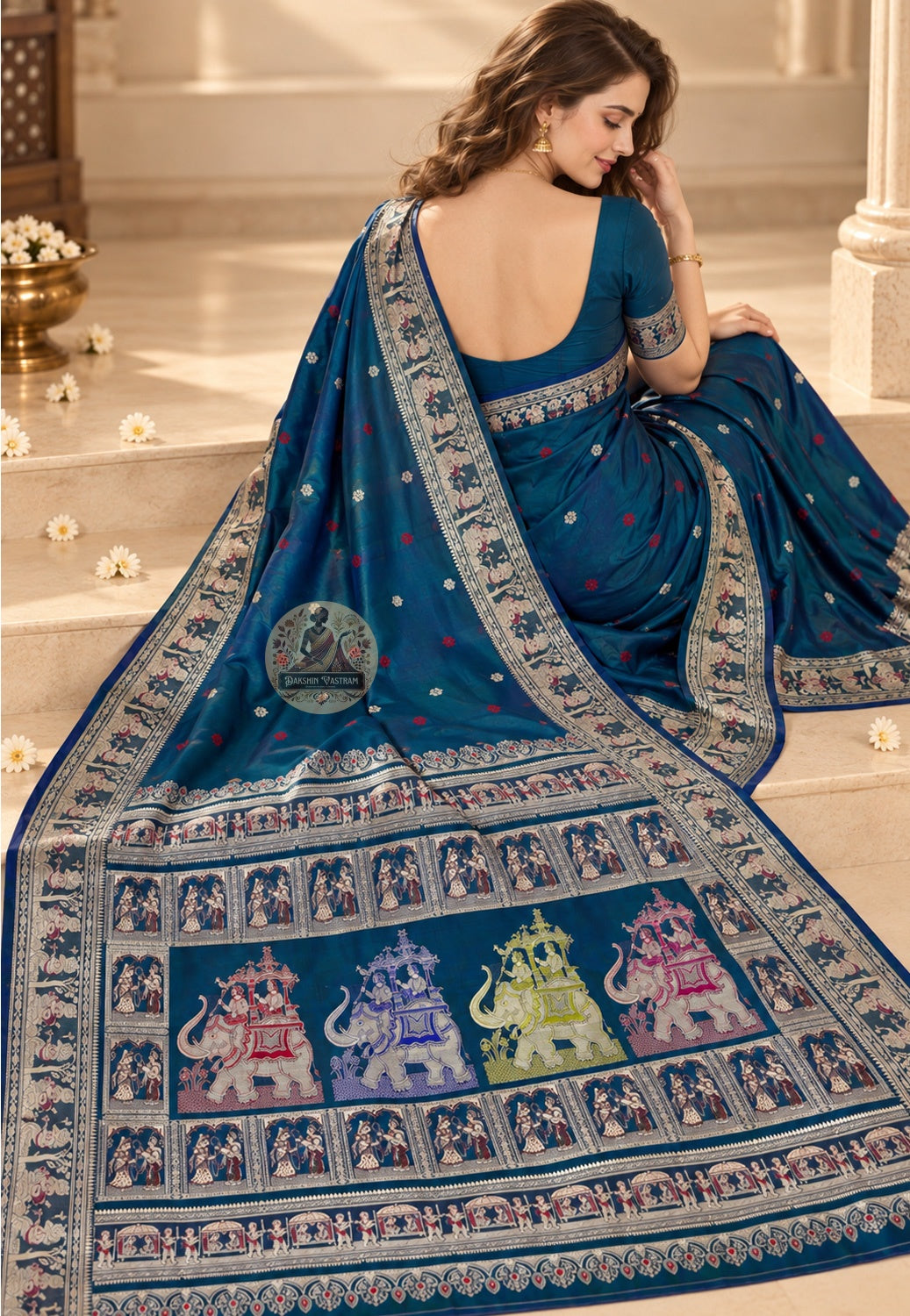 Rear view of Baluchari silk saree showcasing fully expressed pallu with Ramayana Mahabharata and Malla court narrative compositions individually woven in silk thread on pure silk ground