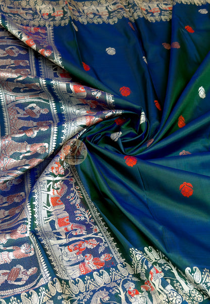Rear view of Baluchari handloom silk saree showing full narrative pallu with mythological and royal court motifs, West Bengal