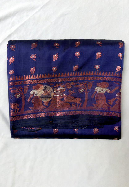 Rear view of Swarnachari silk saree displaying golden zari pallu with hand-woven living continuation of Bengal temple-art and royal court tradition compositions