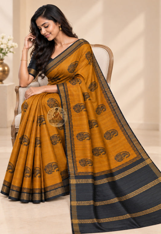 Front view of Ghicha Tussar silk handloom saree showing naturally textured pure Tussar silk surface and traditional woven motifs for Diwali and Navratri styling