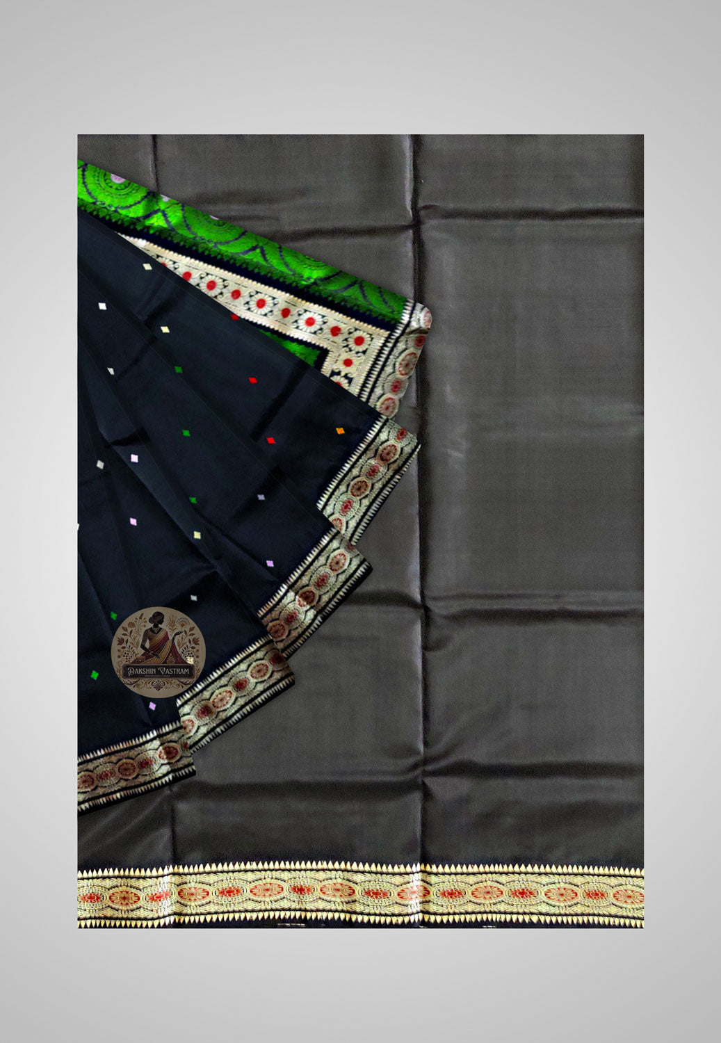 Saree Close-up: Close-up of the exquisite handwoven Baluchari motifs and glossy silk fabric.
