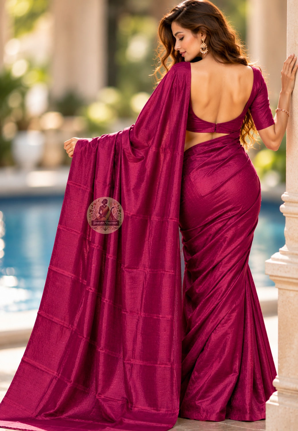 Rear view of magenta Bishnupur silk saree with the plain pallu draped over the shoulder
