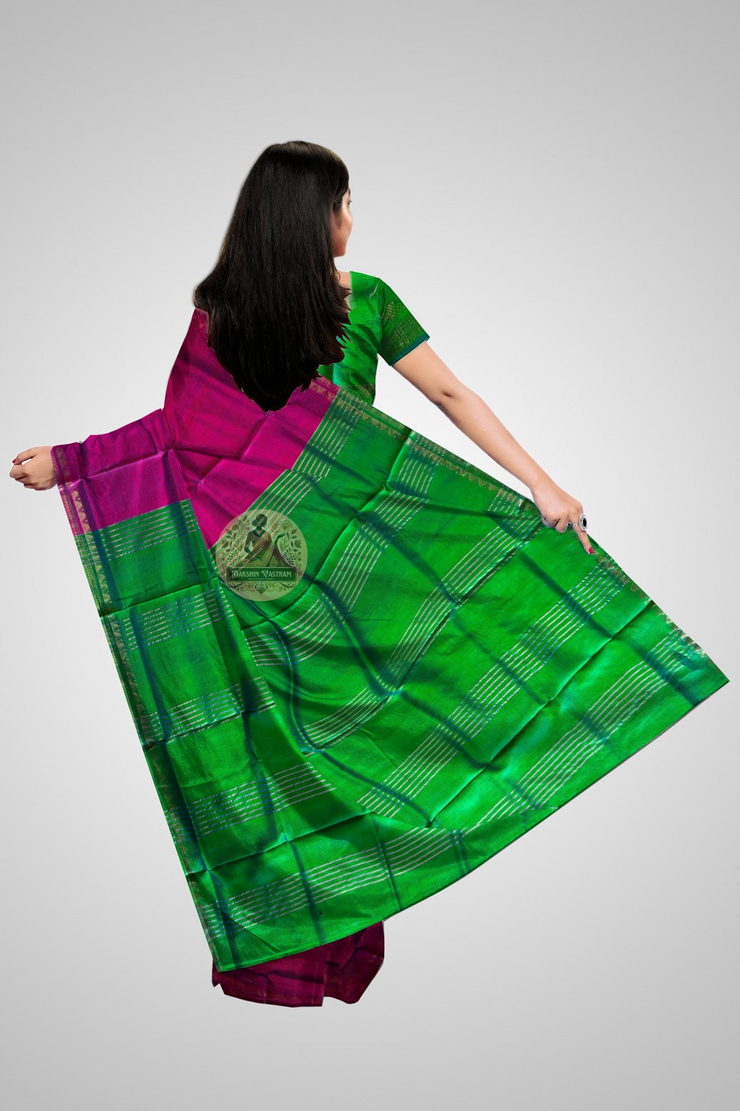 Buy Handloom Katan Silk Saree – rear angle with elegant fall