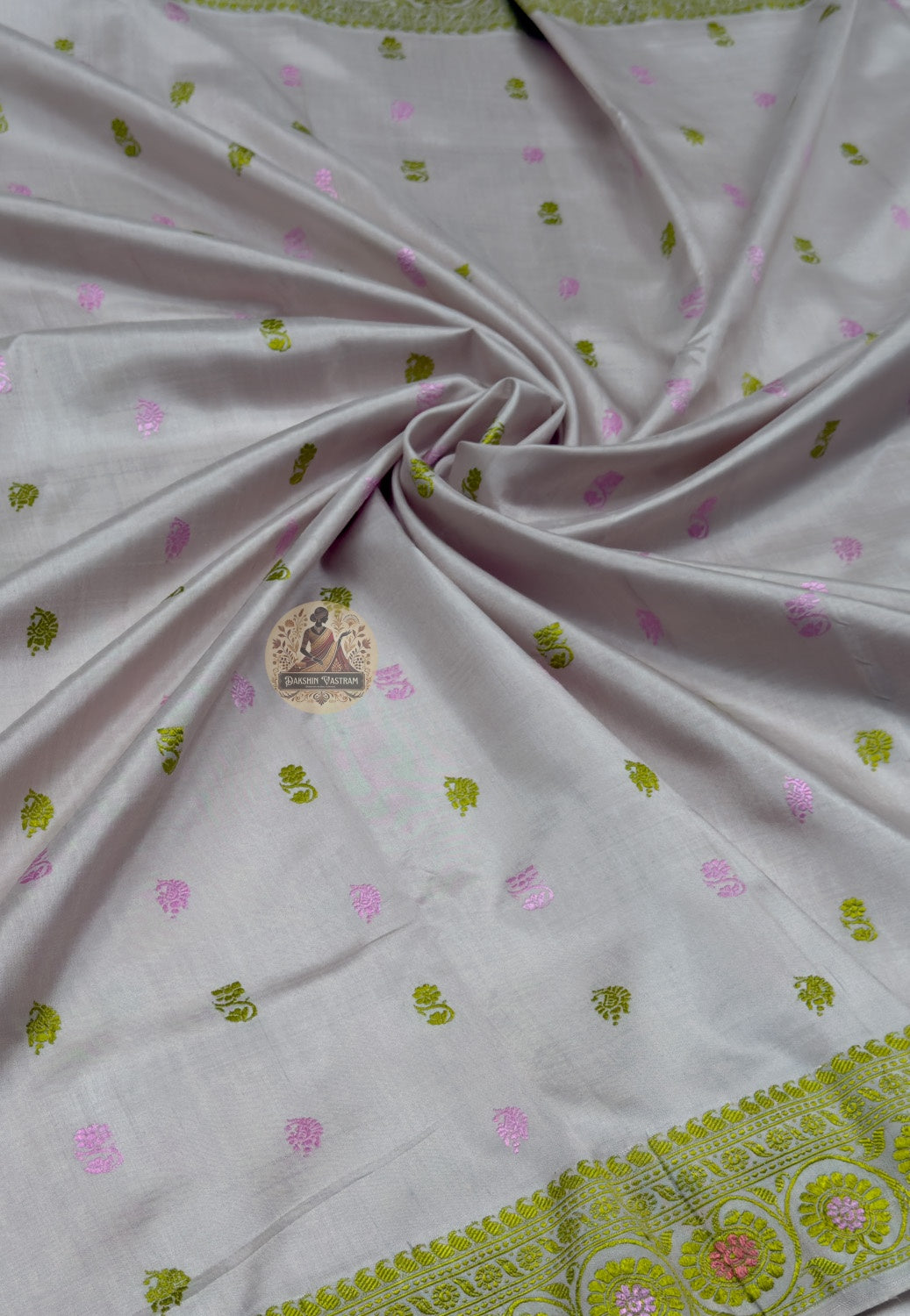 Close-up of celestial chariot procession border woven into pallu of Baluchari Silk Saree Bengal artisan handloom