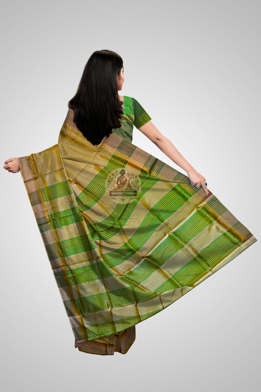 Buy Handloom Katan Silk Saree – Rear view showing pallu drape