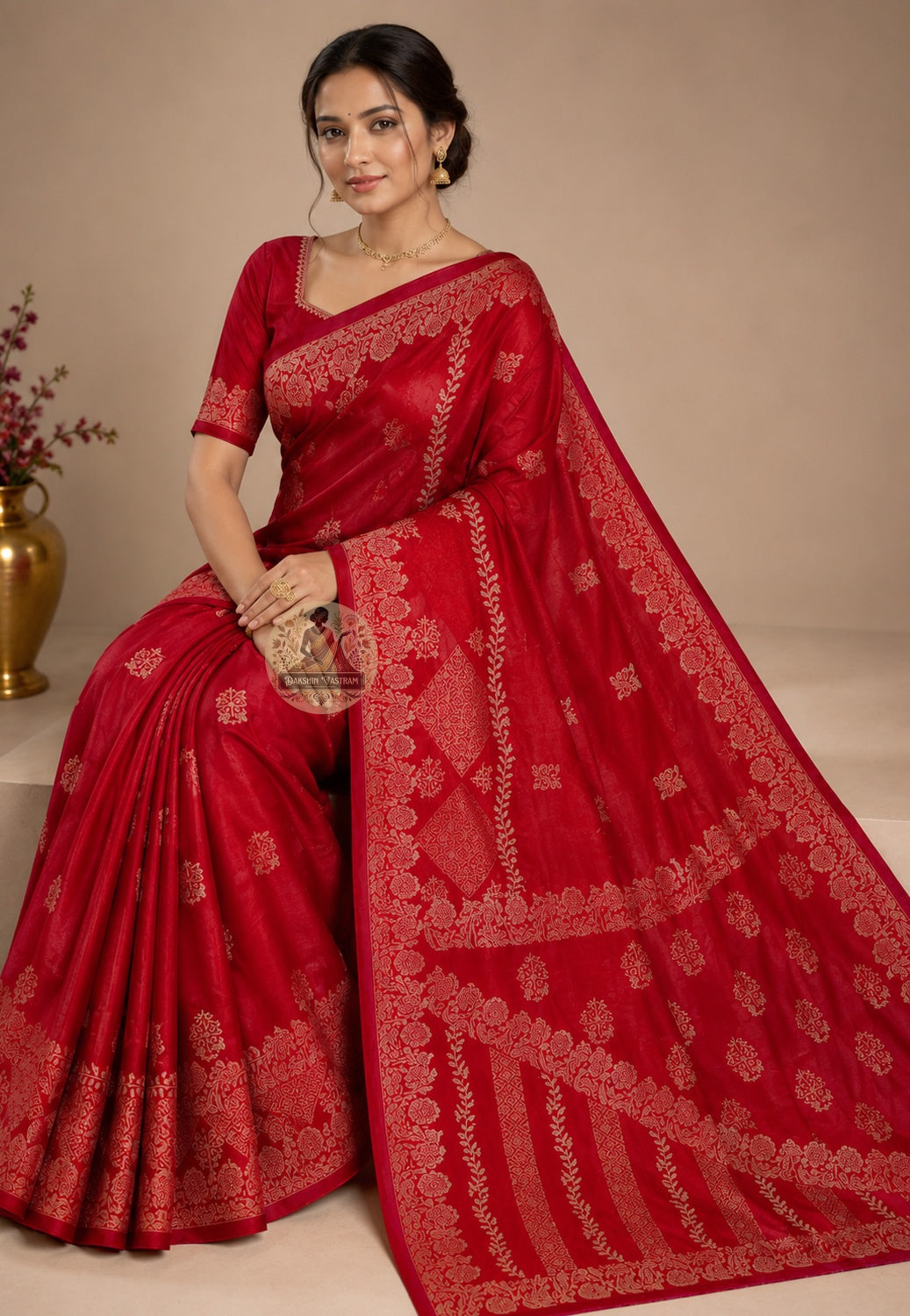 Front view of Bishnupur Katan silk saree handwoven with devotion, Bengal artisan craft, draped for wedding ceremony