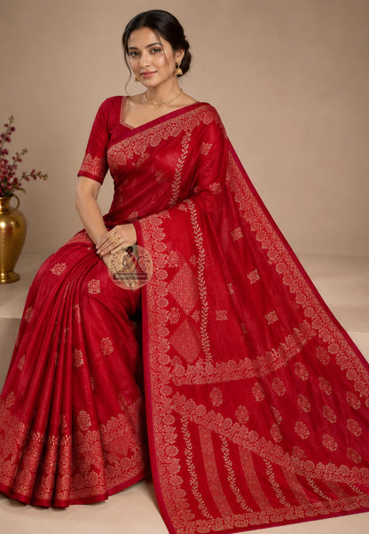 Front view of Bishnupur Katan silk saree handwoven with devotion, Bengal artisan craft, draped for wedding ceremony