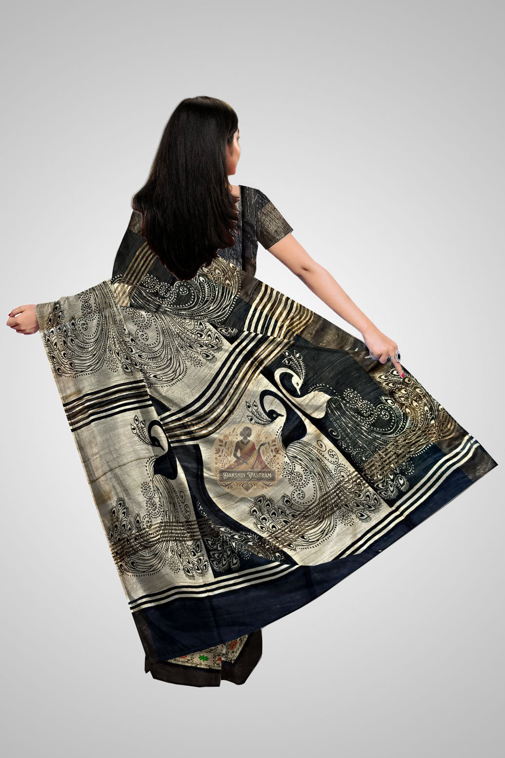 Discover Raw Silk Sarees – Rear view showing elegant pallu