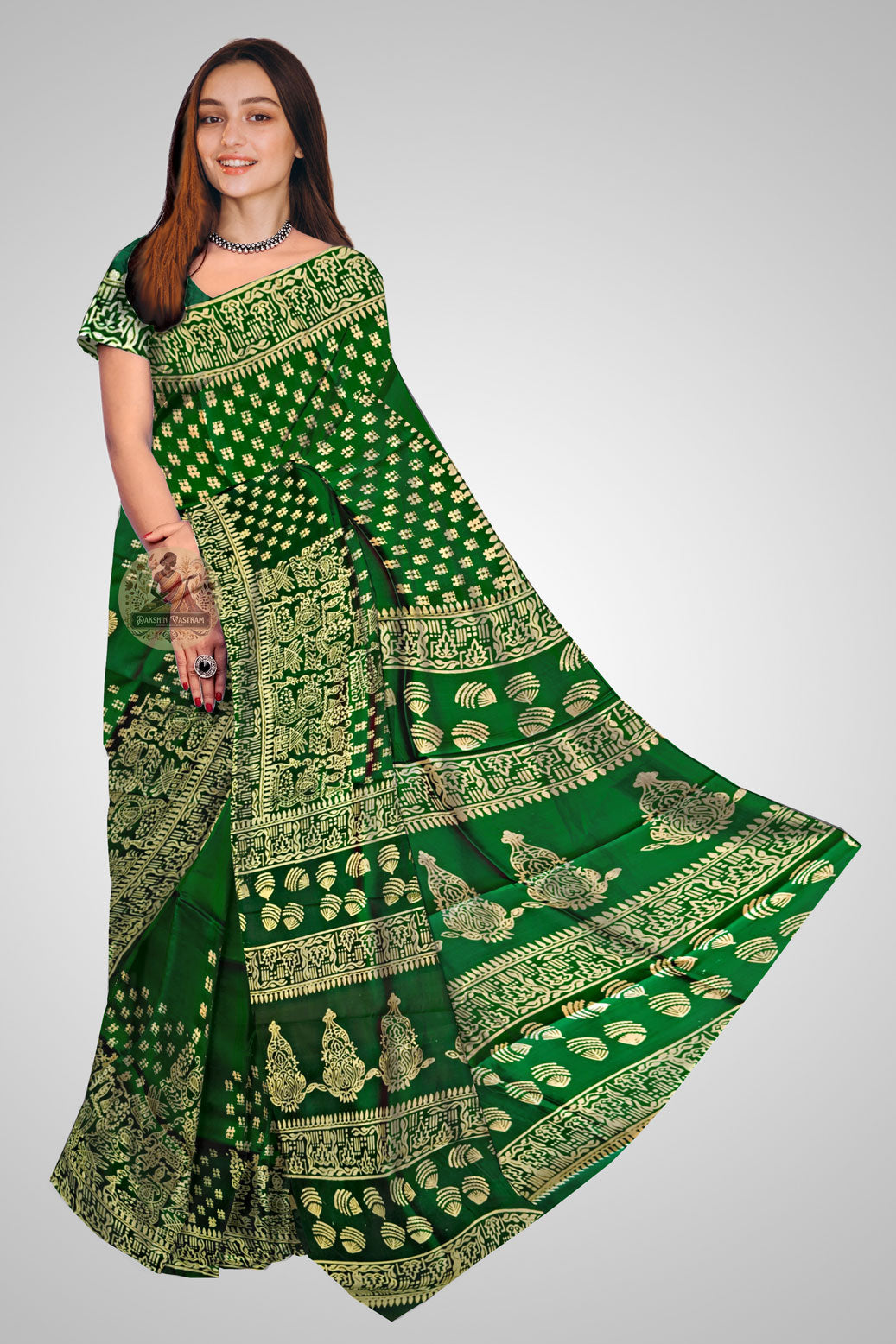 Buy Pure Silk Block Print Saree online – Front view with traditional motifs
