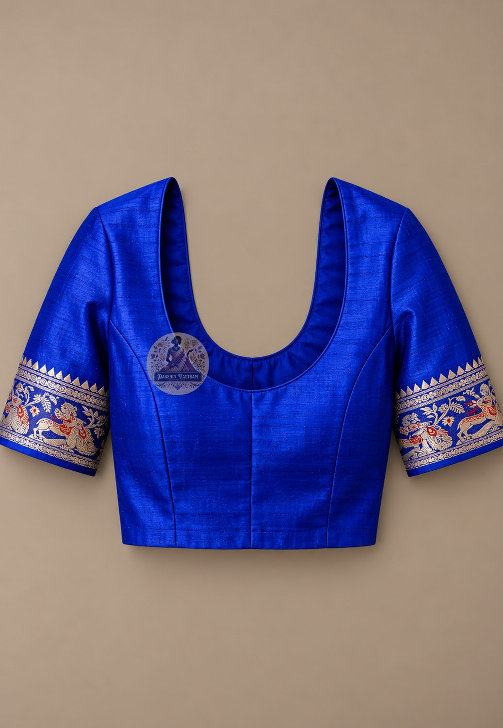 Matching blouse piece included with Bishnupur royal blue Swarnachari handloom silk saree, pre-matched and handwoven in West Bengal