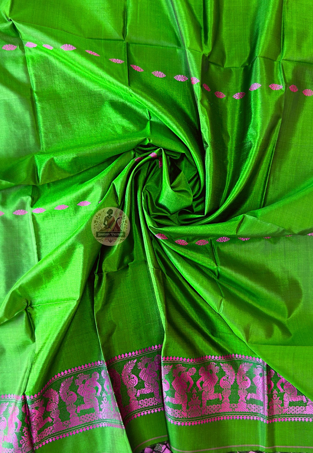 Side view of Bishnupur Baluchari pure silk wedding accent stole displaying natural silk drape and lustre for sangeet mehendi and reception occasions