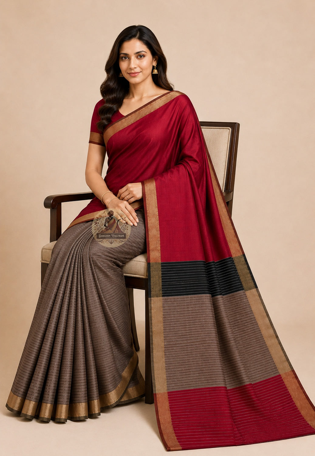 Front view of woman in handloom Bishnupur Katan silk saree, traditional Bengali drape showing the natural authority of a Katan silk you return to, West Bengal heritage weave