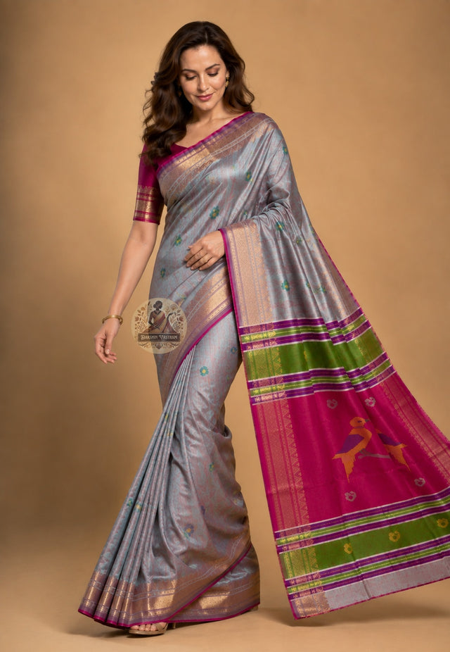 Front view of Bishnupur Katan Silk Saree with handwoven five petal floral medallion and diagonal stripe border West Bengal