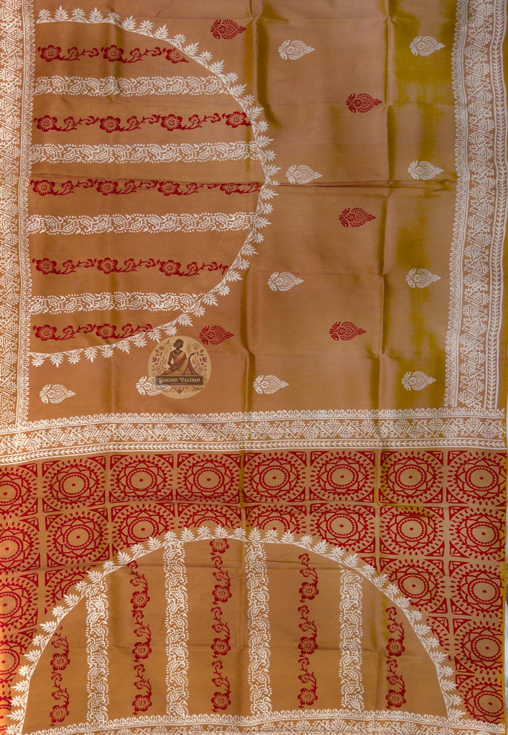 Full flat lay of Bishnupur Katan silk saree with handwoven border and pallu, Bengal heritage textile, six yards