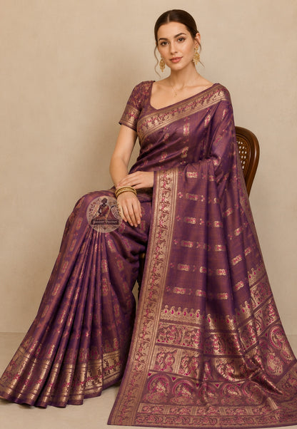 Side view of handwoven Swarnachari silk saree showing golden zari pallu fall and border luminescence
