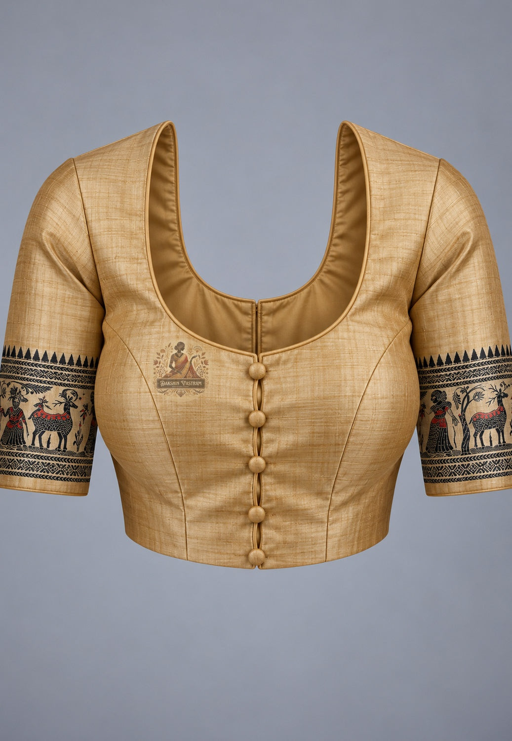 Blouse paired with beige Baluchari silk saree, featuring a dark patterned sleeve border