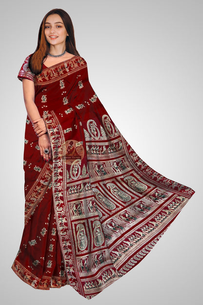 Handloom Baluchari Pure Silk Saree with mythological pallu motifs in deep red