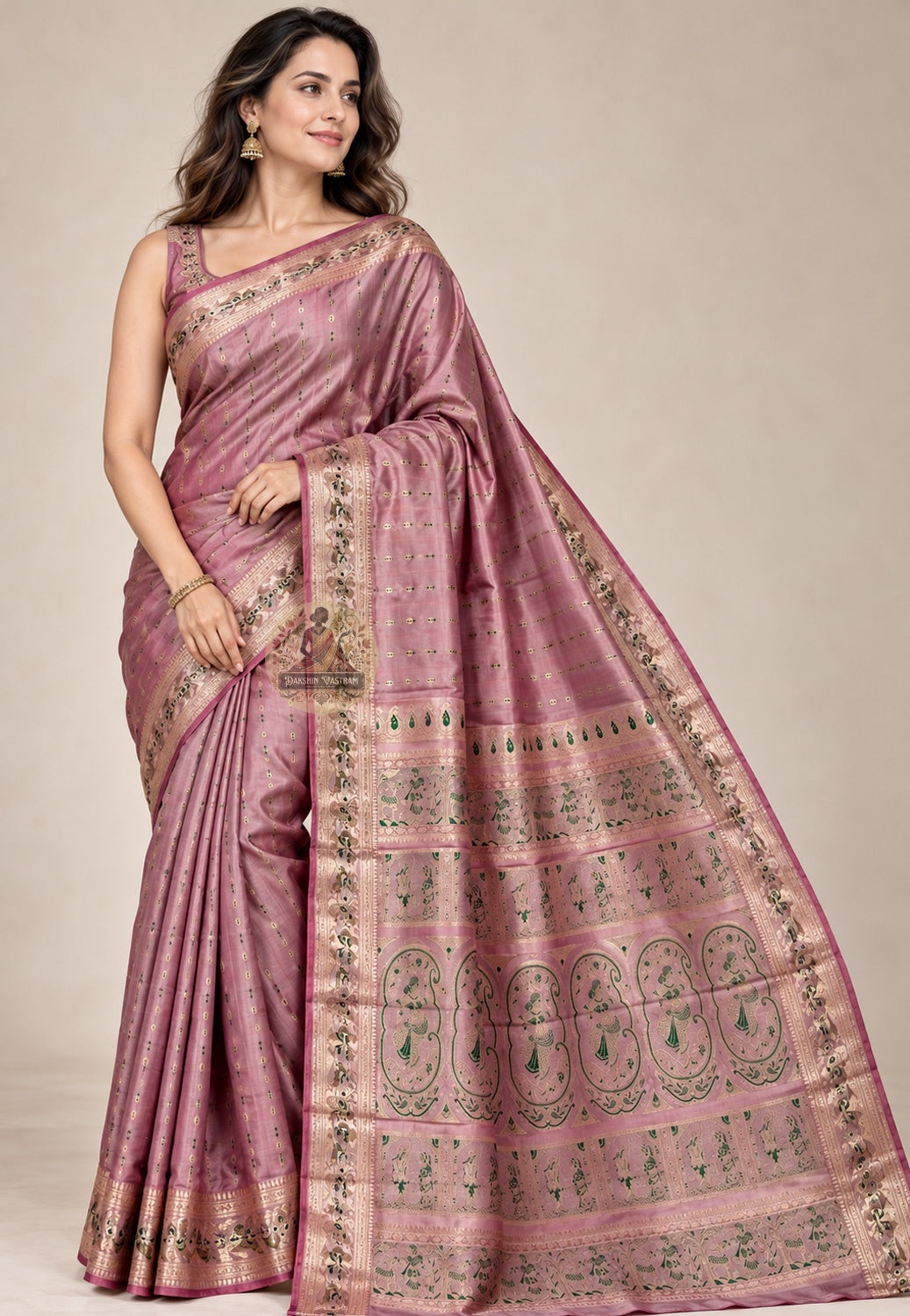 Front view of Swarnachari pure silk saree carrying Bengal's full artistic heritage with golden zari Bishnupur temple art and Malla court motifs handloom woven in West Bengal