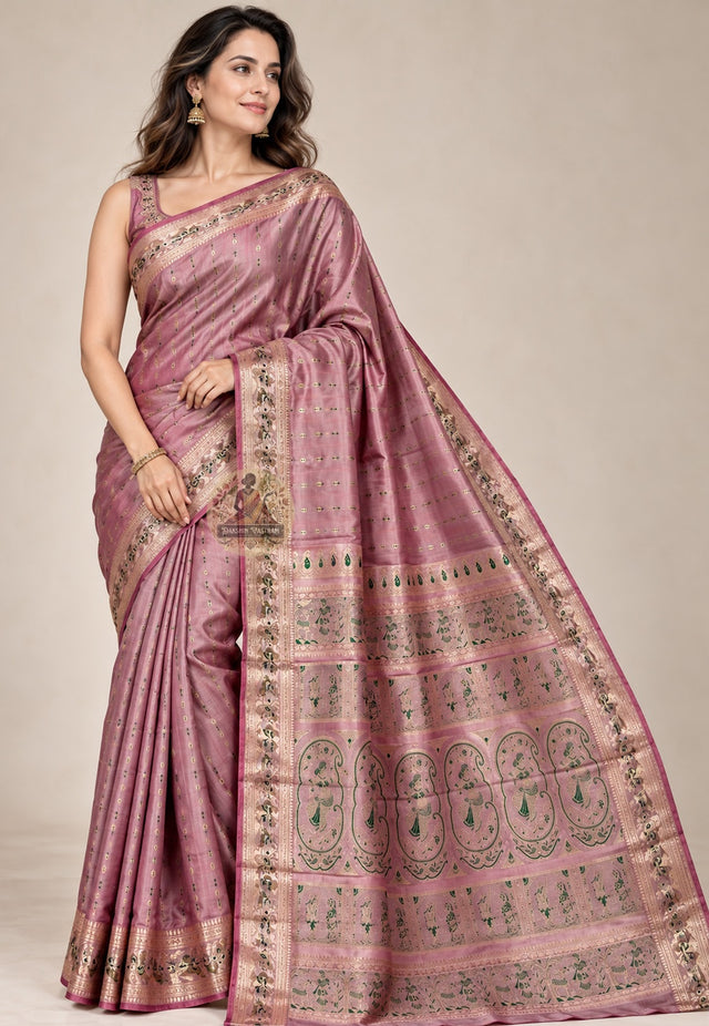 Front view of Swarnachari pure silk saree carrying Bengal's full artistic heritage with golden zari Bishnupur temple art and Malla court motifs handloom woven in West Bengal