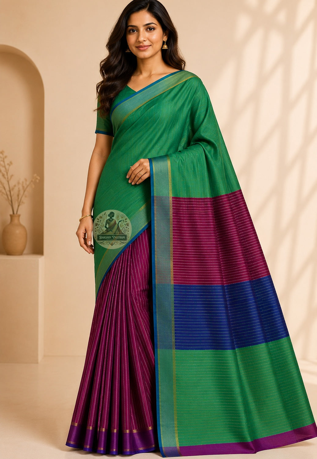 Front view of Bishnupur pure cotton handloom saree in traditional Bengal weave, draped on model, festive ethnic wear