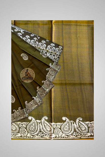 Close-up of Bishnupur block print saree fabric – intricate folk motifs hand stamped on luminous pure silk, unique to every piece