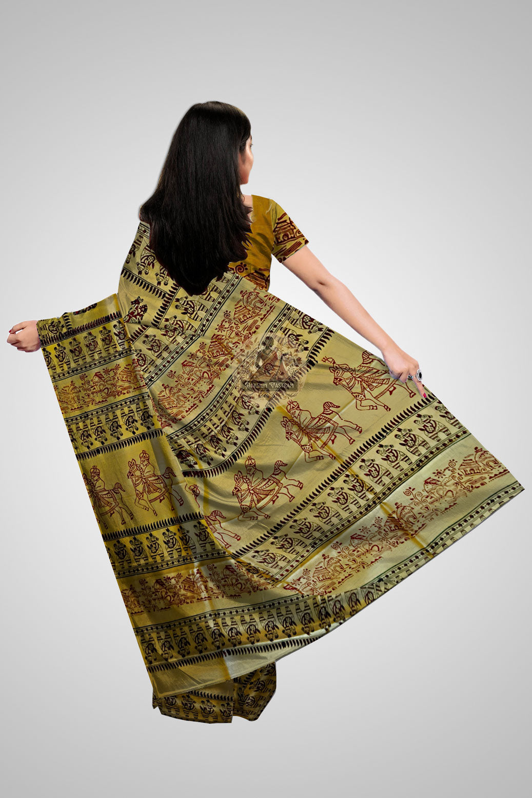 Shop Handloom Block Print Saree – Rear pallu view with traditional motifs