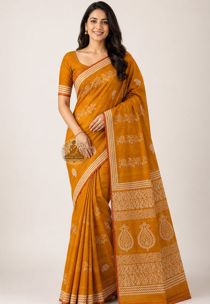 Front view of handwoven Bishnupur Pure Katan Silk Saree from Bengal, embodying quiet luxury with a composed structured drape and heritage motifs in warm glowing pure Katan silk