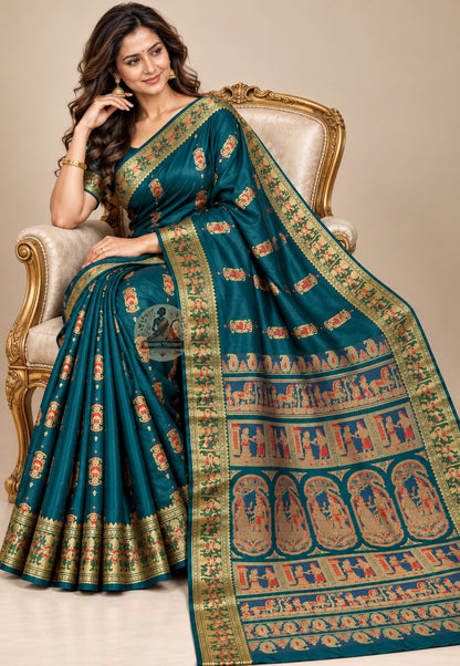 Full saree view of Swarnachari pure silk golden zari handloom saree with matching blouse piece for Indian weddings Durga Puja Diwali Navratri and Karva Chauth