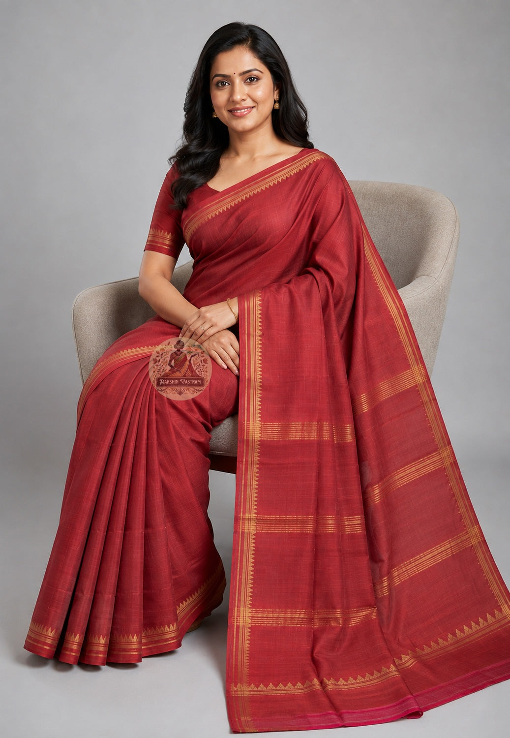 Front view of Bishnupur Pure Katan Silk saree with heritage motifs draped in classic Nivi style