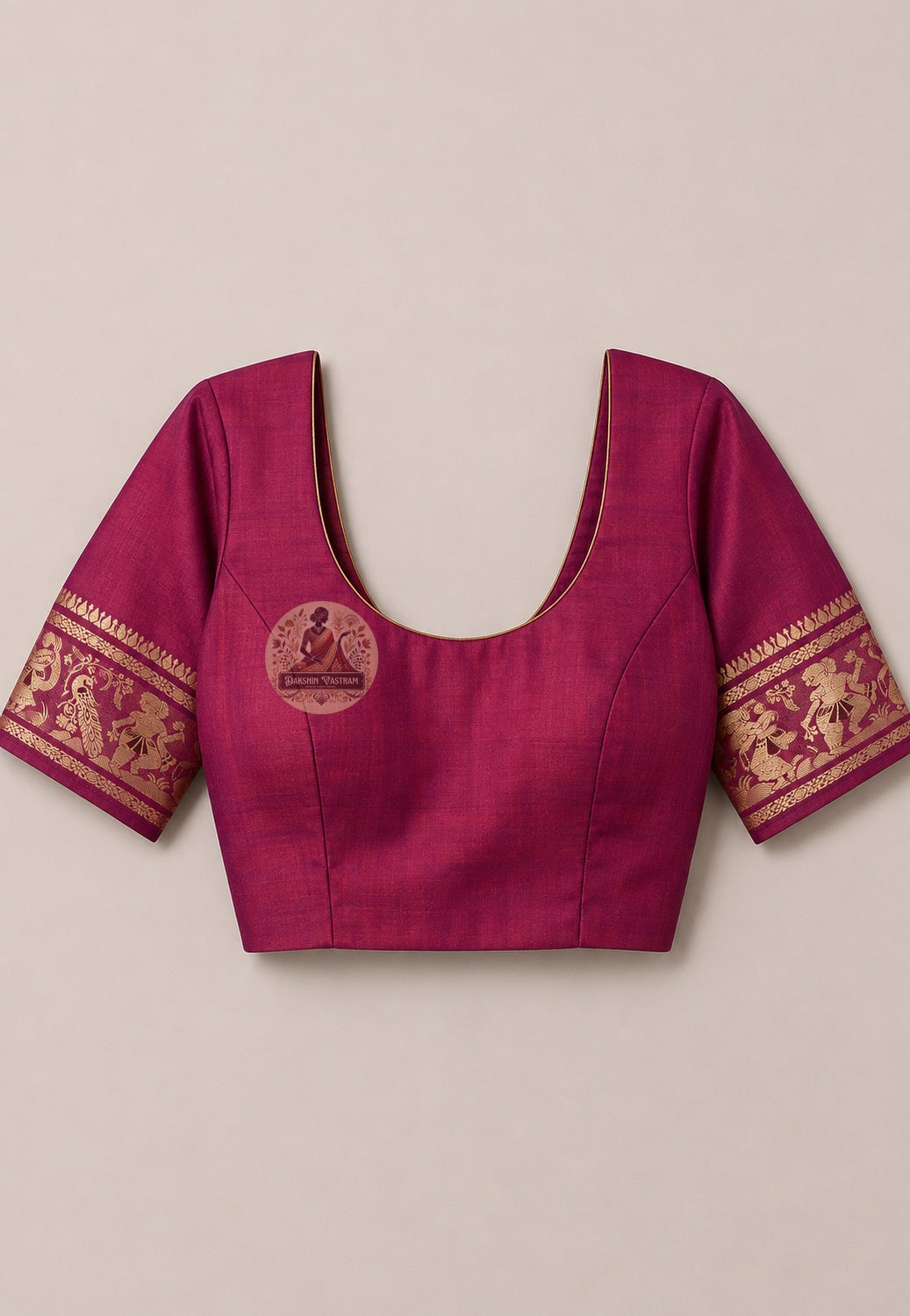 Matching unstitched blouse piece of Swarnachari silk saree in pure handloom silk with golden zari cartography border trim, included with saree for tailoring to complete the mapped look