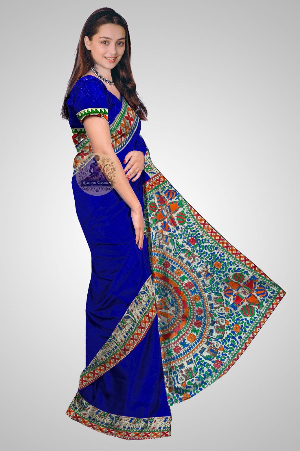 Shop Handwoven Tussar Saree – Draped side angle
