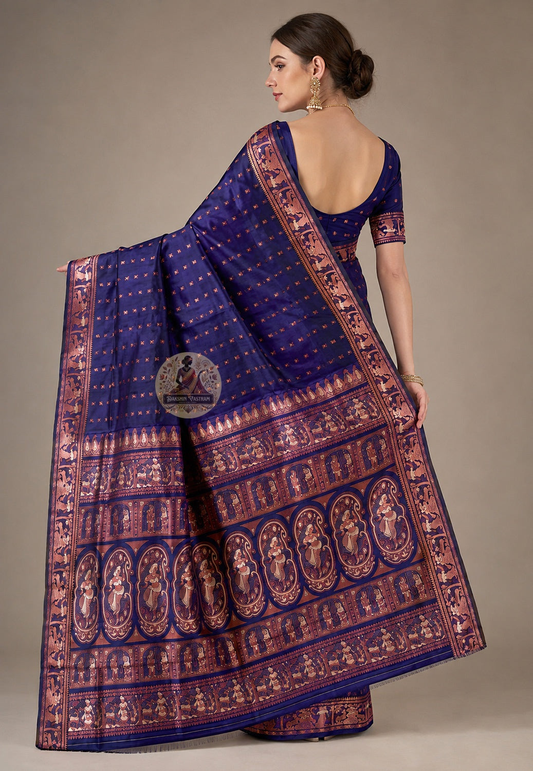 Front view of woman in Swarnachari pure silk saree, traditional Bengali drape with golden zari tradition pallu carrying Bengal's living craft forward over left shoulder