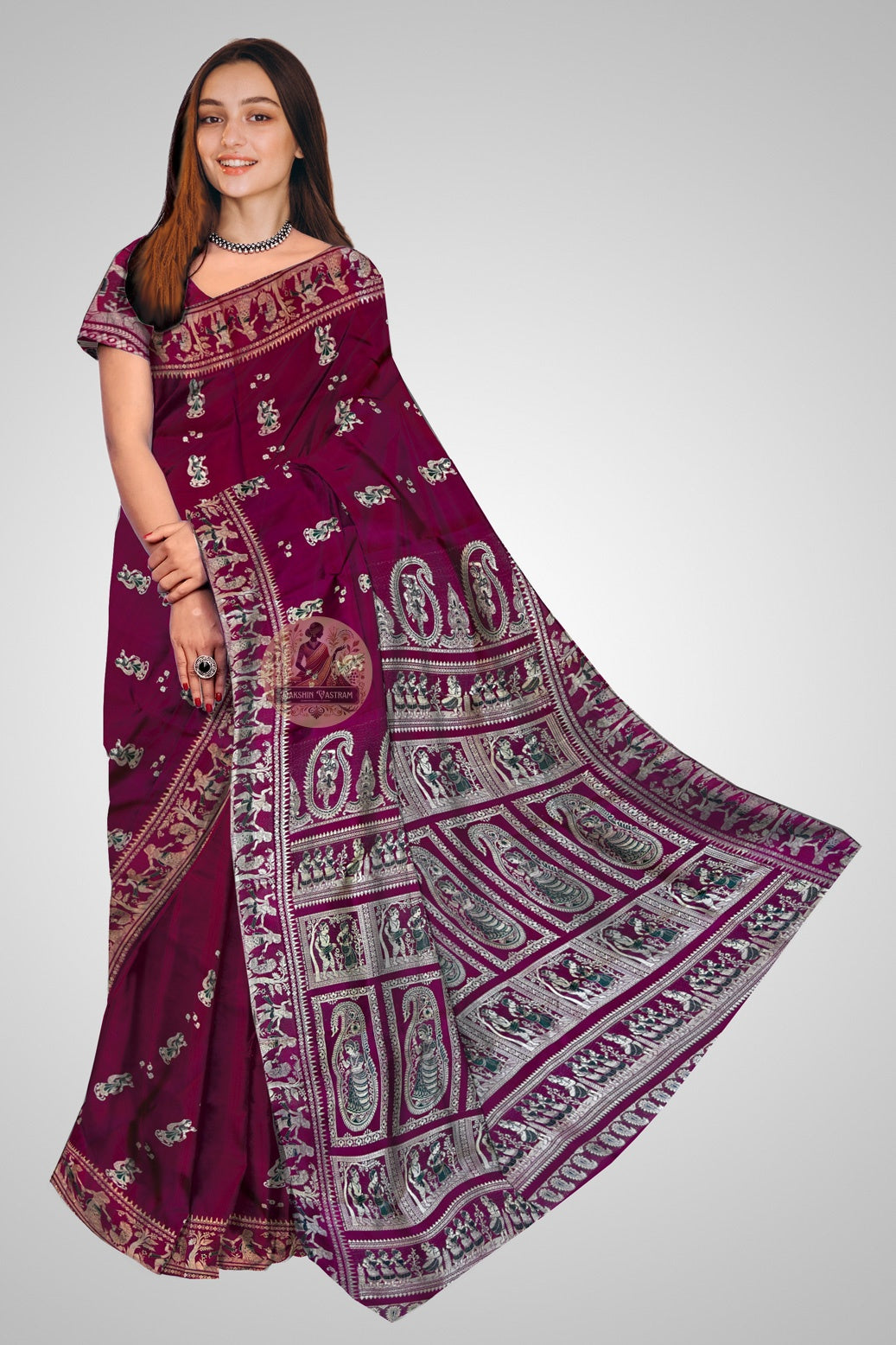 Pure Silk Baluchari Saree with Mahabharata narrative motifs woven in pallu