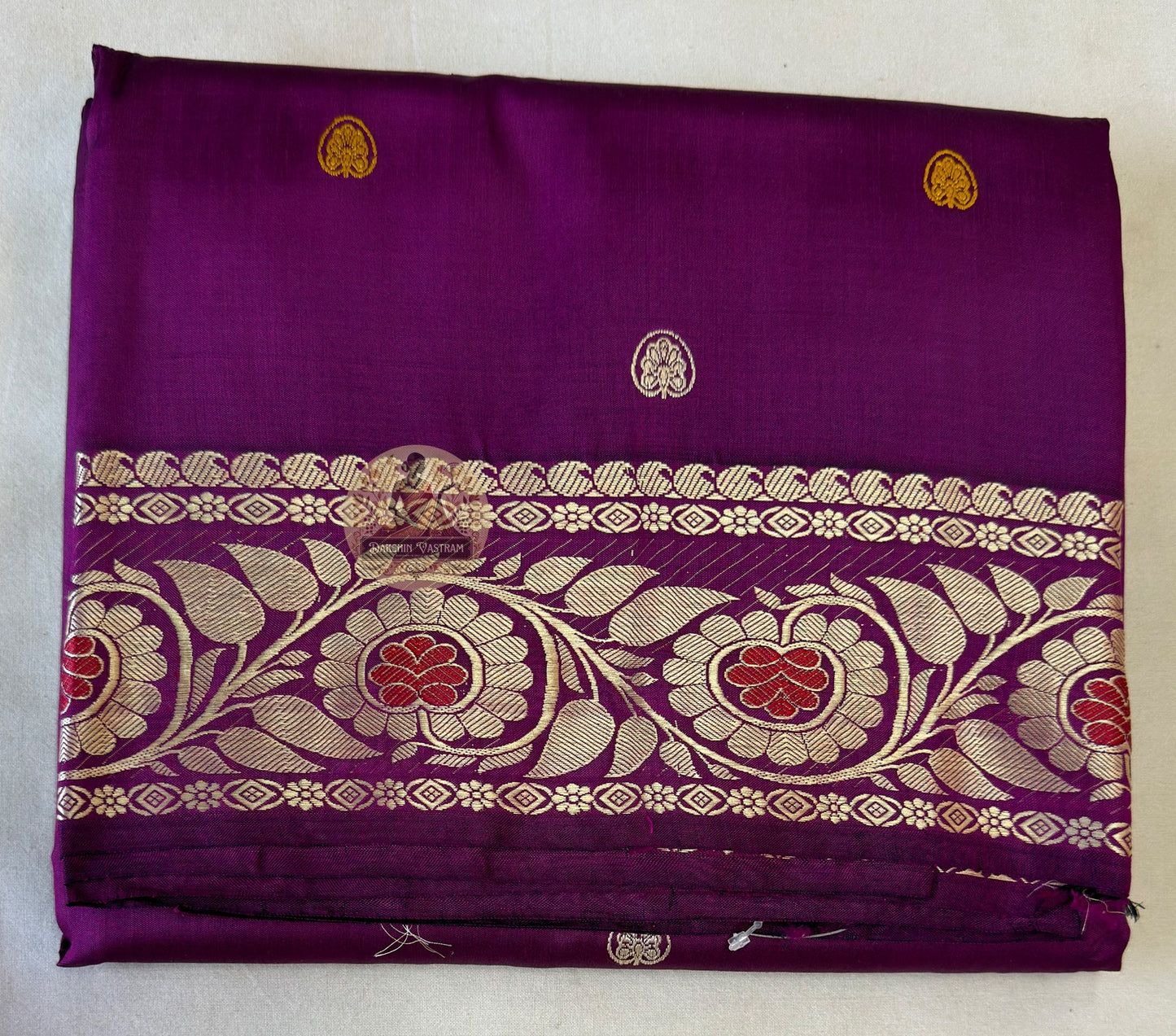 Detail view of traditional Baluchari buti motifs handwoven across the body of Baluchari Pure Silk Saree, revealing the fine weave precision and natural silk lustre of Bengal's three-hundred-year narrative textile tradition