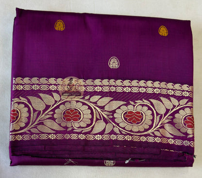 Detail view of traditional Baluchari buti motifs handwoven across the body of Baluchari Pure Silk Saree, revealing the fine weave precision and natural silk lustre of Bengal's three-hundred-year narrative textile tradition
