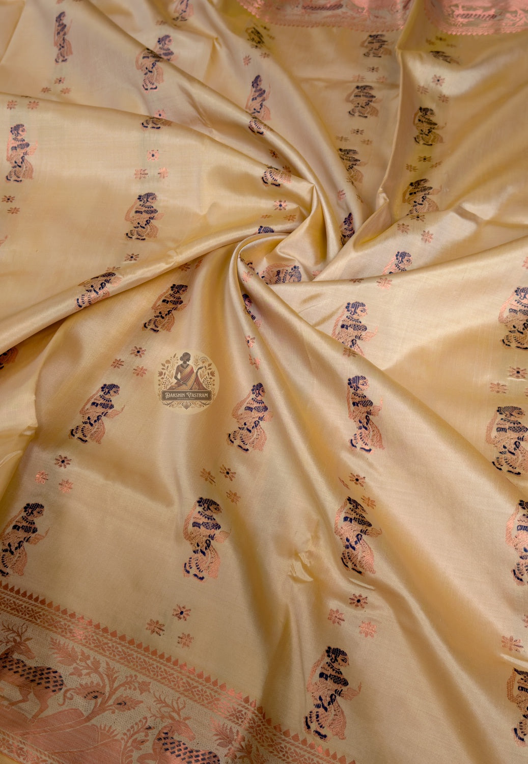 Close-up of pallu of Swarnachari saree from Bishnupur showing dense golden zari narrative motifs woven by Bankura artisan weavers