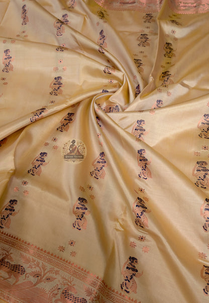 Close-up of pallu of Swarnachari saree from Bishnupur showing dense golden zari narrative motifs woven by Bankura artisan weavers