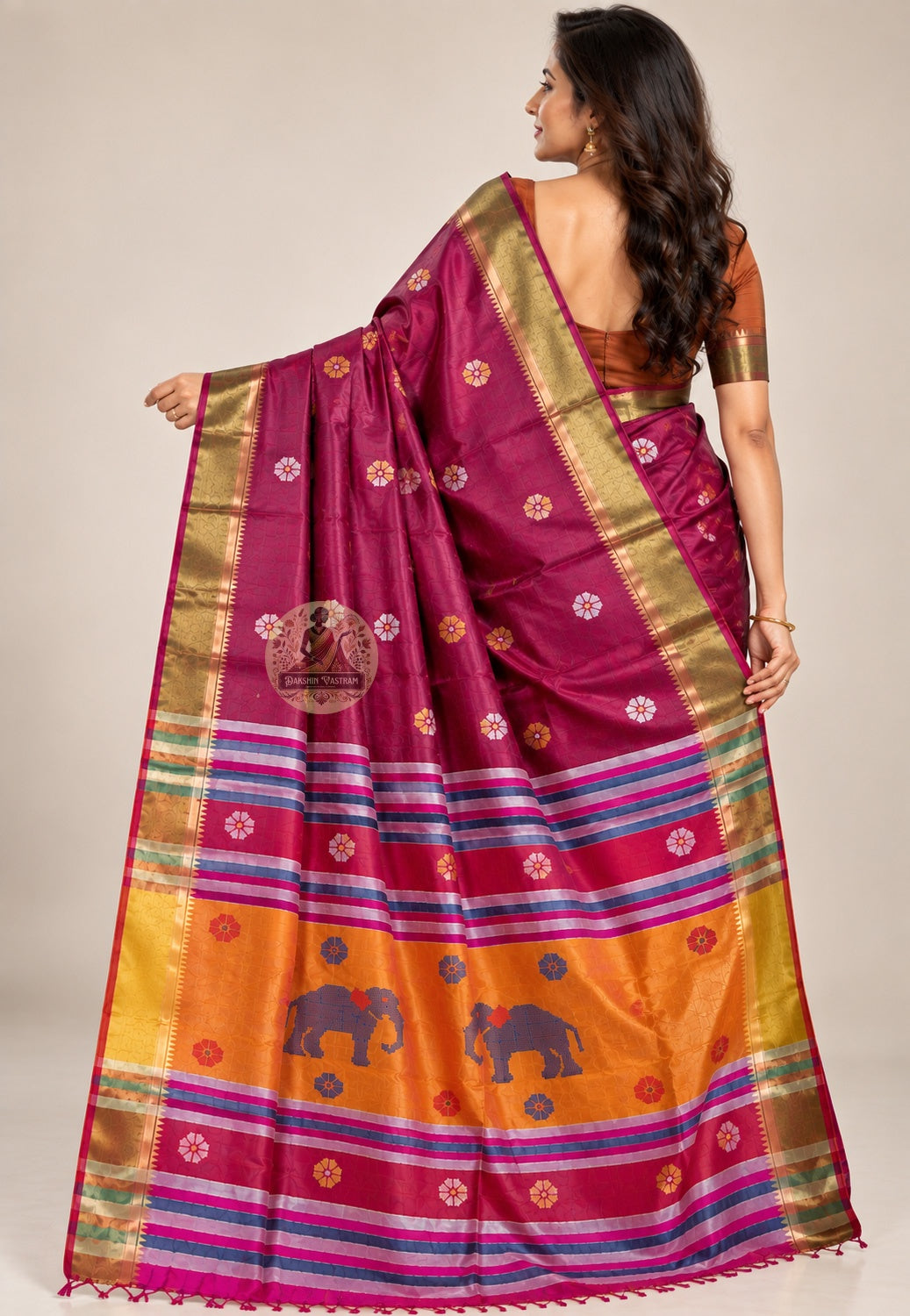 Side view of Bishnupur Katan pure silk festival saree displaying composed structured drape and natural silk depth for full Durga Puja day and Navratri occasions
