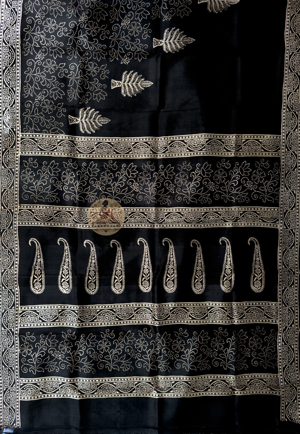 Side view of Bishnupur Pure Katan Silk Saree showing formal drape and fish scale lattice handloom border