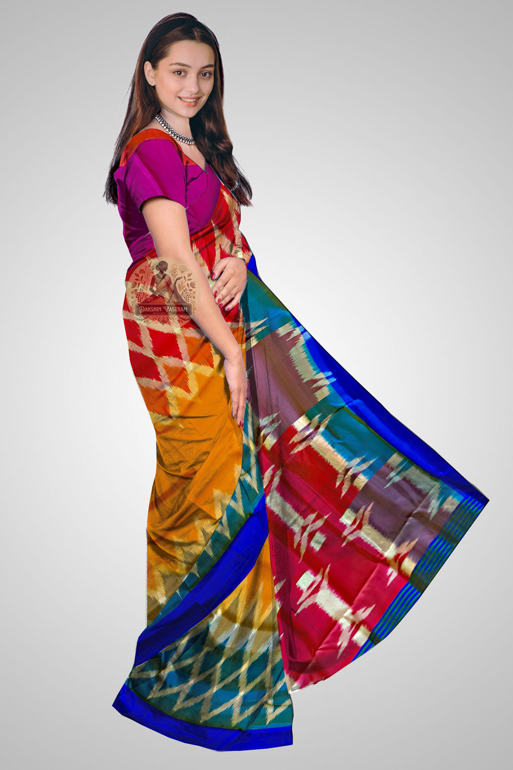 Shop Pure Katan Silk Saree online – Side angle revealing fluid silk flow