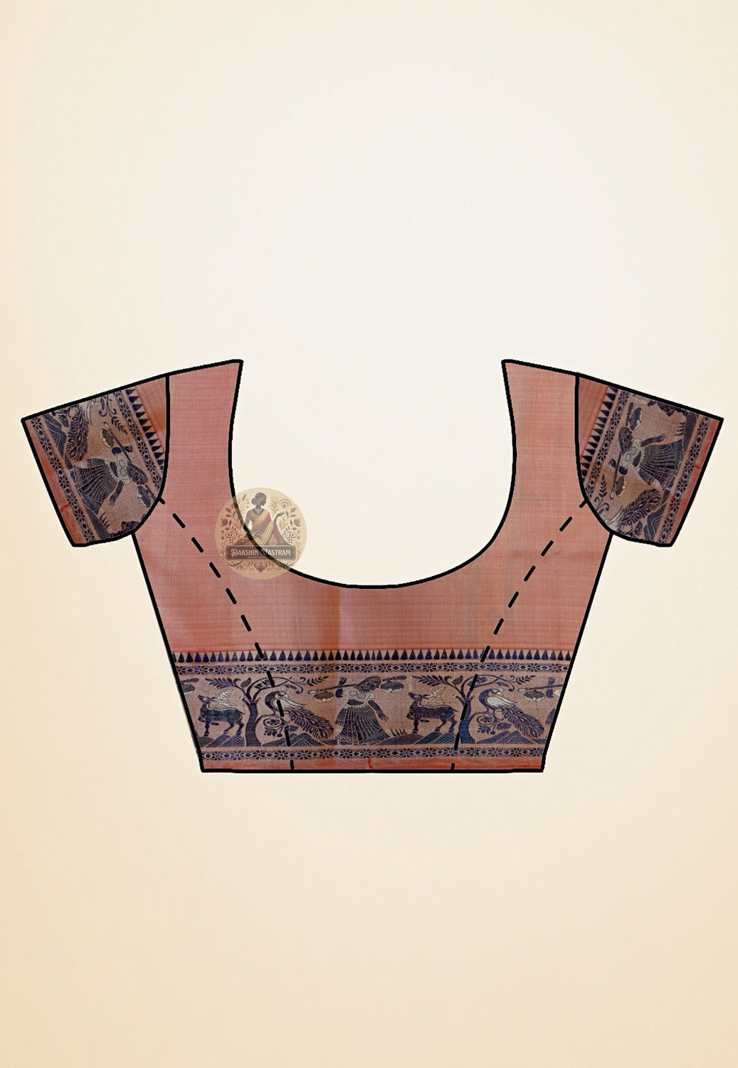 Close-up of matching blouse piece of Copper Peach Baluchari Silk Saree with traditional woven border detailing in copper and peach tones
